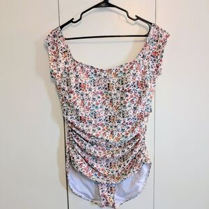 Janela Bay One Piece Floral Wildflower Swimsuit Open Back Cap Sleeves Ruched